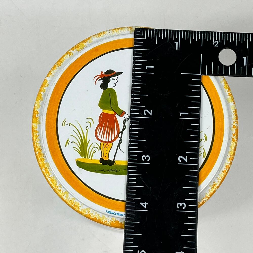 HB Henriot Quimper Yellow Breton Biscuit Tin Massilly France Folk Art 4.5" Round - Picture 11 of 11